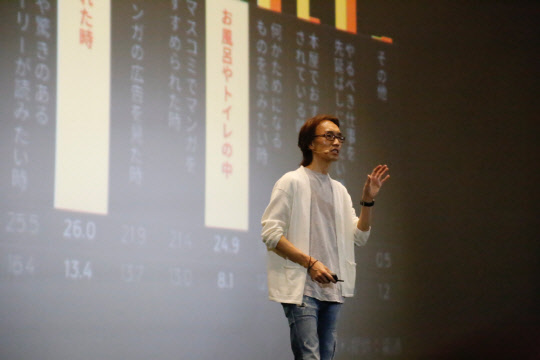 김재용 카카오재팬 대표가 지난 23일 일본 토호 시네마스 롯폰기 힐스에서 개최된 '픽코마 이야기 2019'에서 발표하고 있는 모습. 카카오 제공